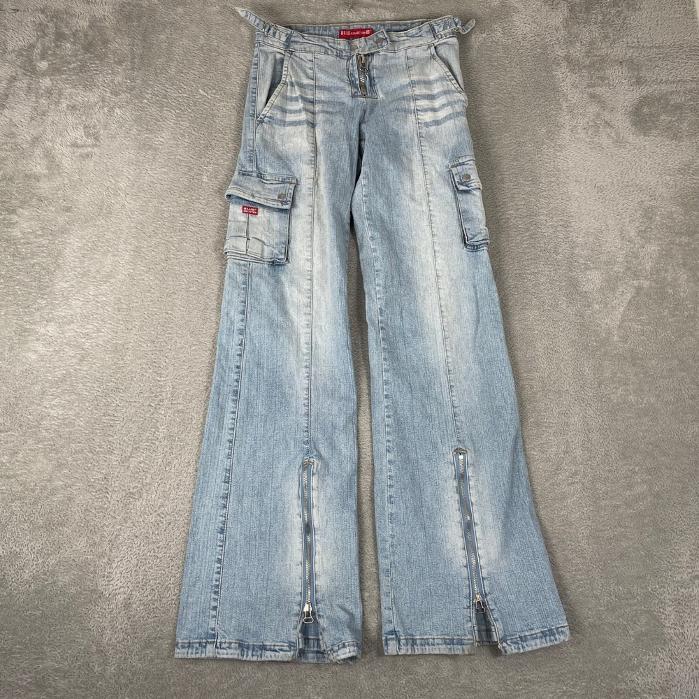 Blue Collection Cargo Jeans Womens 27 Blue Y2K Low Rise Zipper Flare Streetwear
